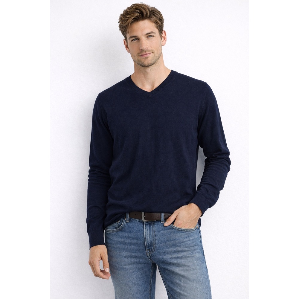 Vince Mens Navy Blue Cotton Cashmere V-Neck Sweater M Pullover RN106730‎